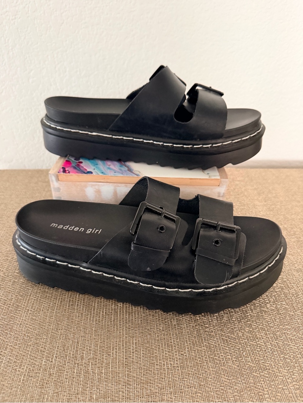 NWOT madden girl Black Double-Buckle Platform Slide Sandals, sz 10